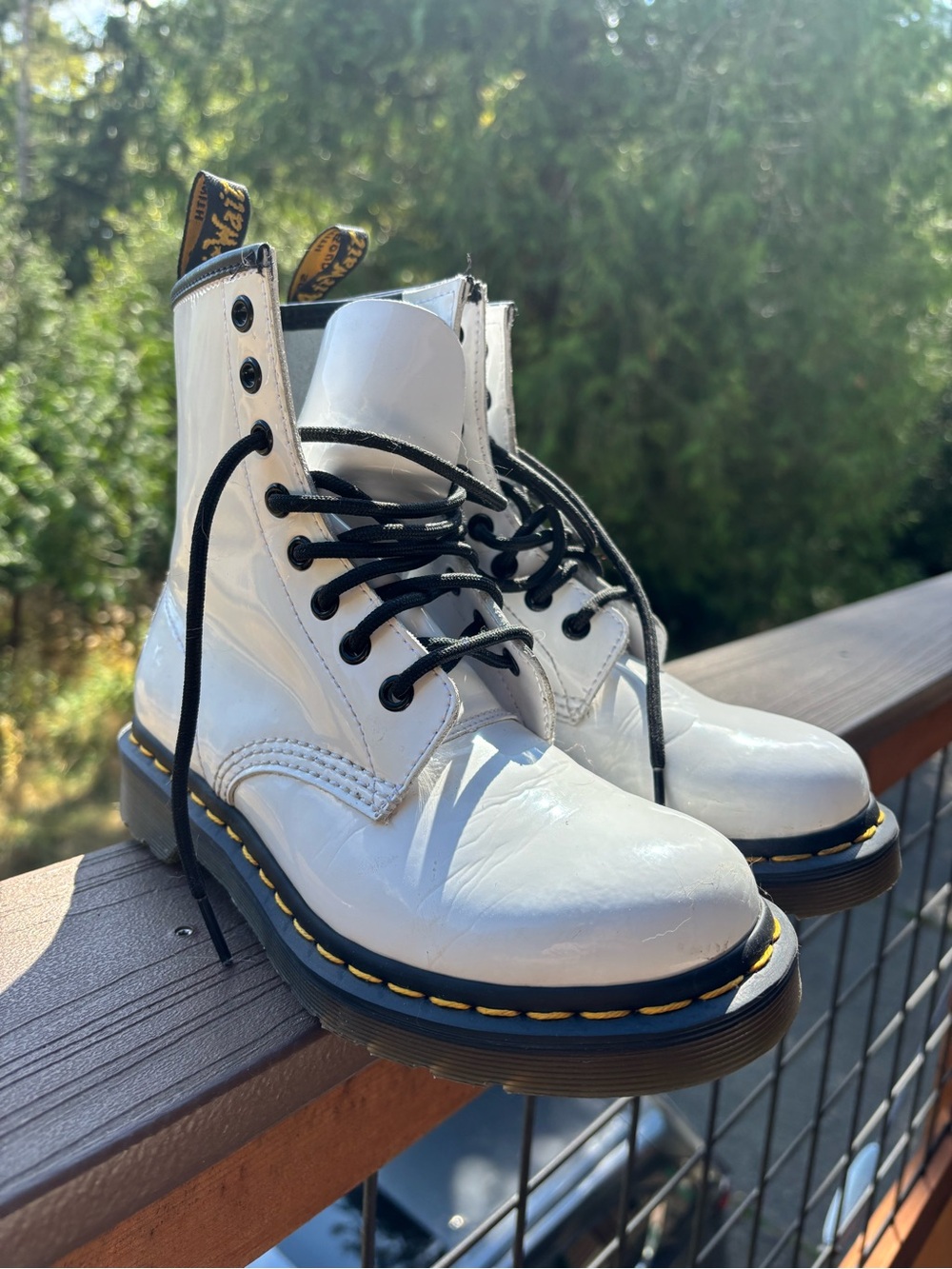Dr. Martens White Leather Combat Boots with Black Laces